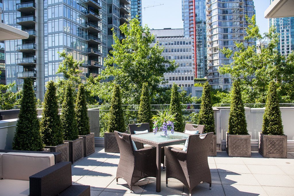 Pyramid boxwood topiaries line a rooftop patio to create a greenery backdrop to this residential outdoor space in Vancouver.