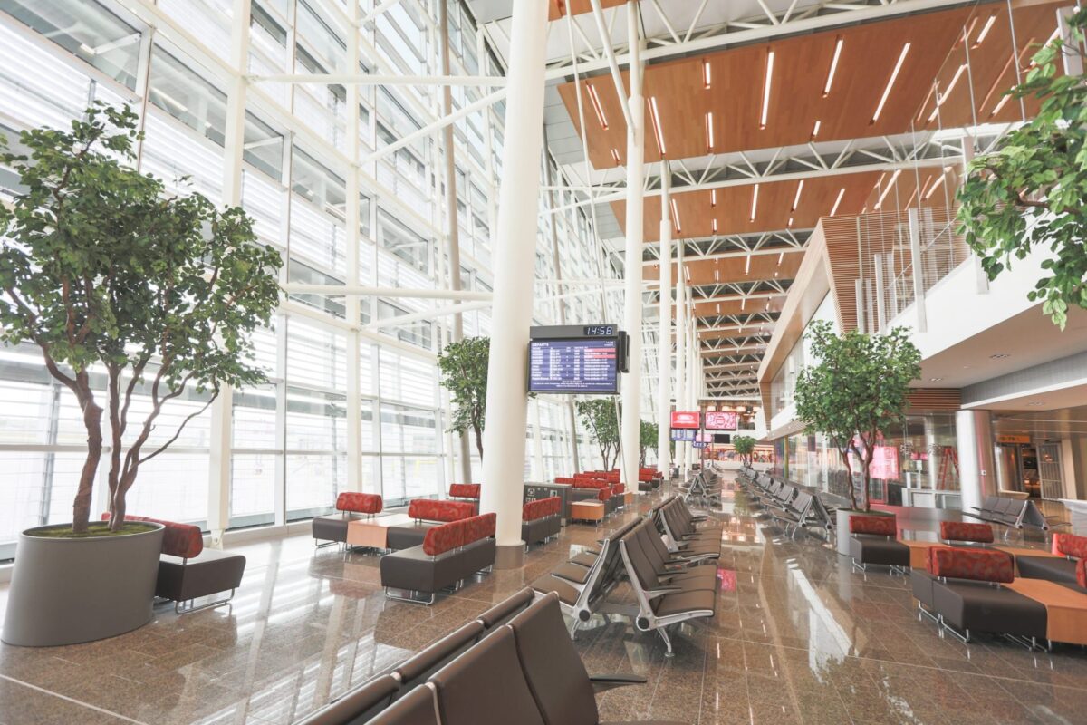 YYC, the Calgary Airport Authority artificial large scale trees in cylinder metal planters, throughout the international terminal