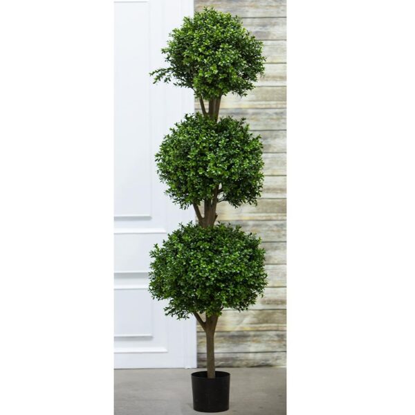 Artificial boxwood triple ball topiary tree in black planter pot, available for event rentals in Vancouver.