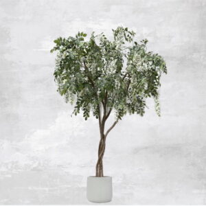 Artificial white wisteria tree in a modern grey planter, featuring cascading blossoms and realistic twisted trunk.