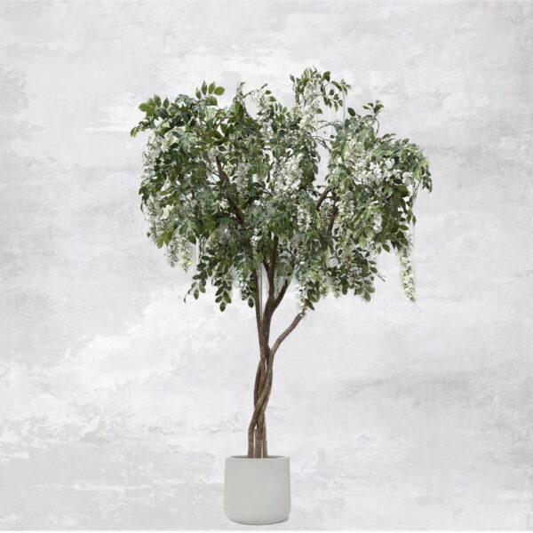 Artificial white wisteria tree in a modern grey planter, featuring cascading blossoms and realistic twisted trunk.