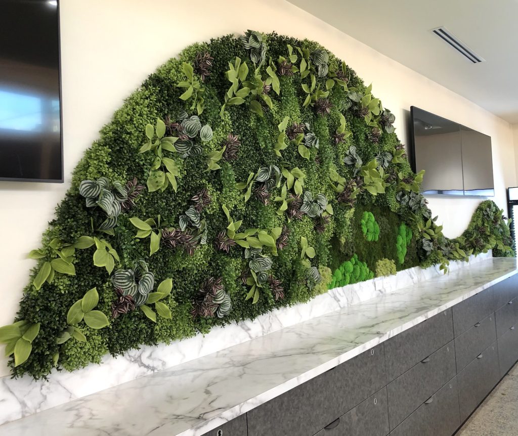 mixed artificial greenery to create a curved wave pattern on a back wall of a retail store