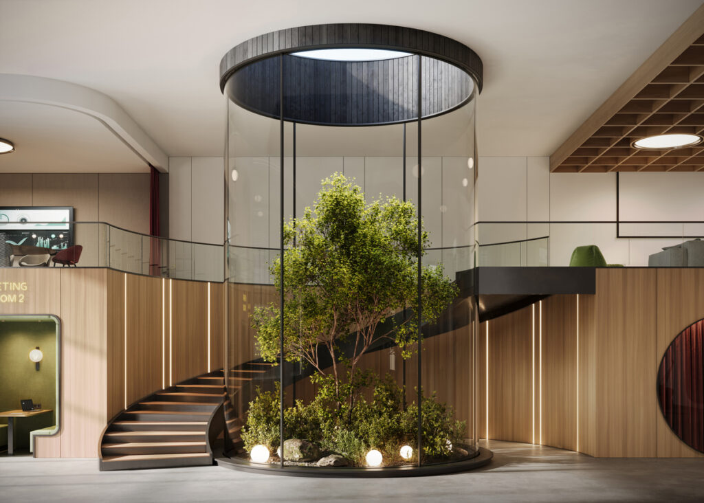 Interior of a large office space with a large artificial tree