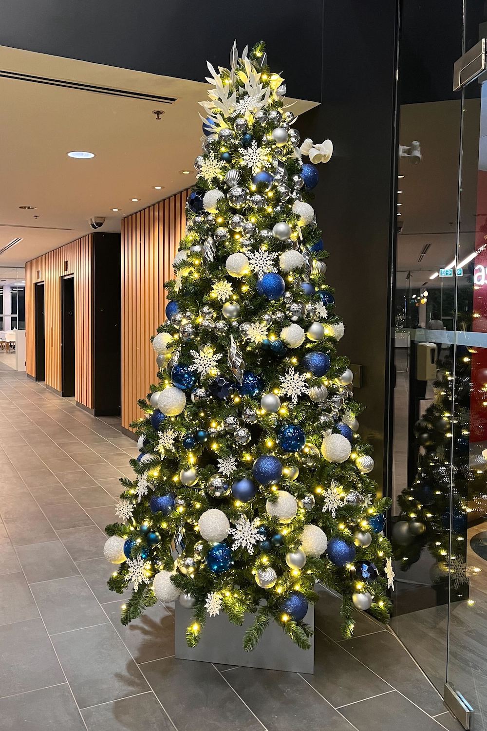 Blue, white, and silver Christmas tree rental by Greenscape Design for commercial spaces in Vancouver.