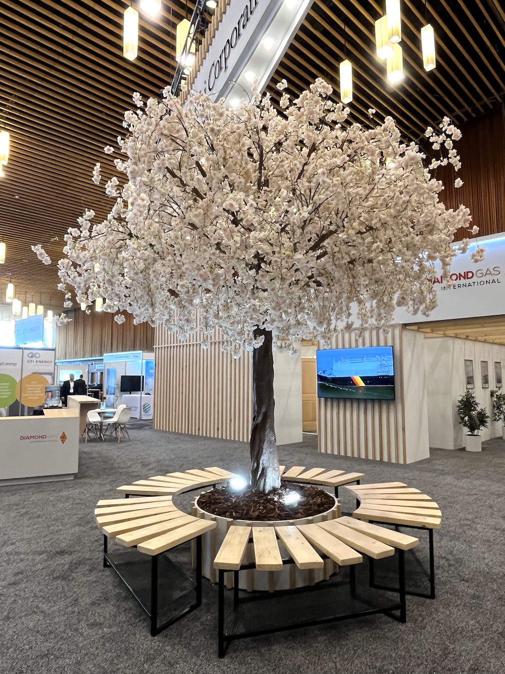 Faux canopy Cherry blossom tree centered in the middle of the event space, available for rental from Greenscape Design.