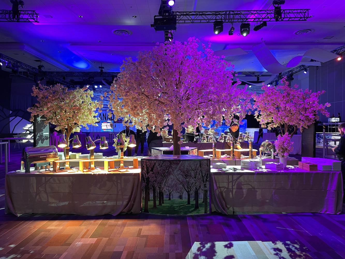 Cherry blossom tree spring decor rental by Greenscape Design, perfect for buffet decor at events.