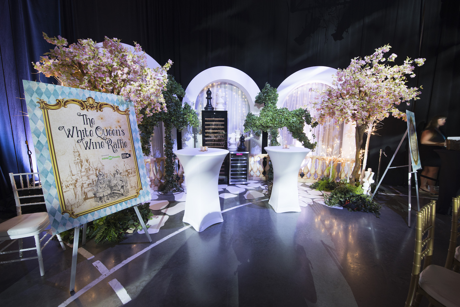 Cherry blossom and horse topiary rentals by Greenscape Design for Alice in Wonderland themed whimsical decor.