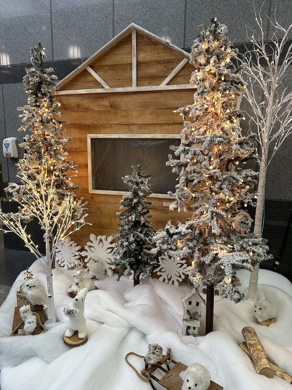 Winter forest photo backdrop featuring snow-covered trees and rustic elements, available for rent in Vancouver.
