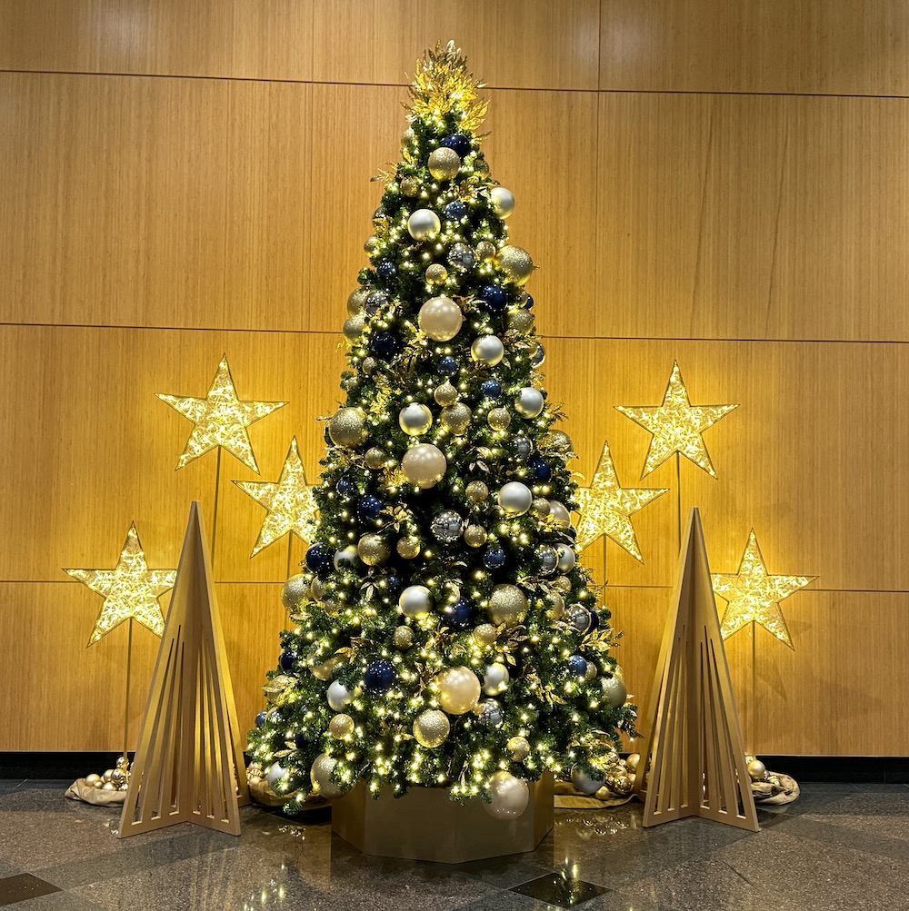 A custom holiday display featuring vibrant decorations and festive elements designed by Greenscape Design for a warm and inviting atmosphere in Vancouver.