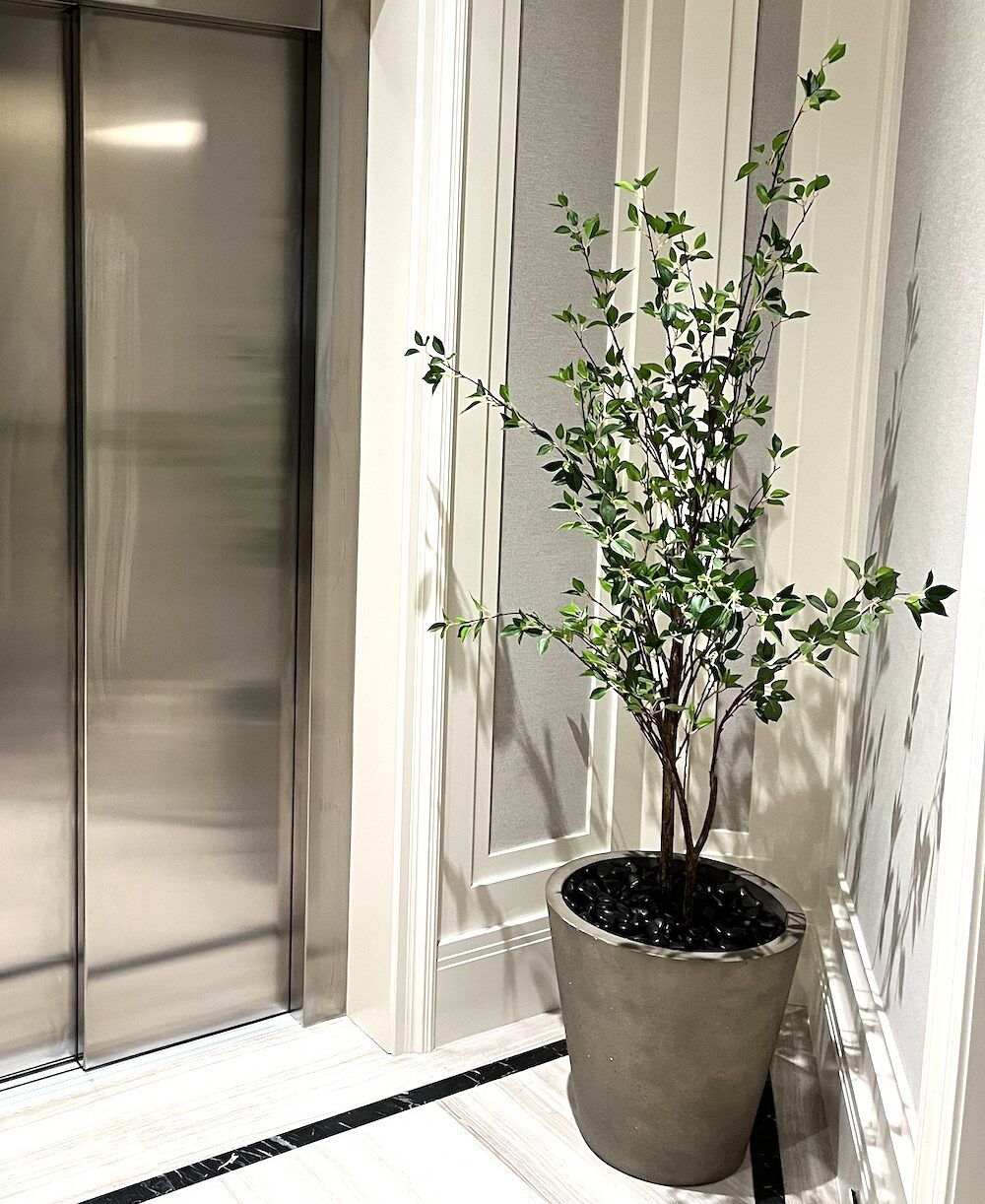6ft tall artificial ficus bush in a decorative planter in a corner by an elevator