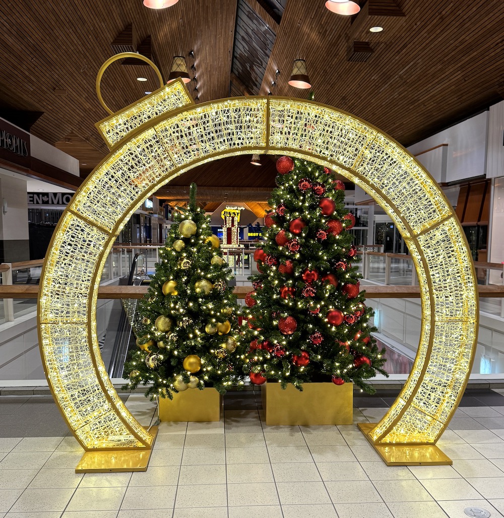Greenscape Design's Otaki Arch Holiday Displays at Coquitlam Centre bring a festive ambiance with their elegant design.