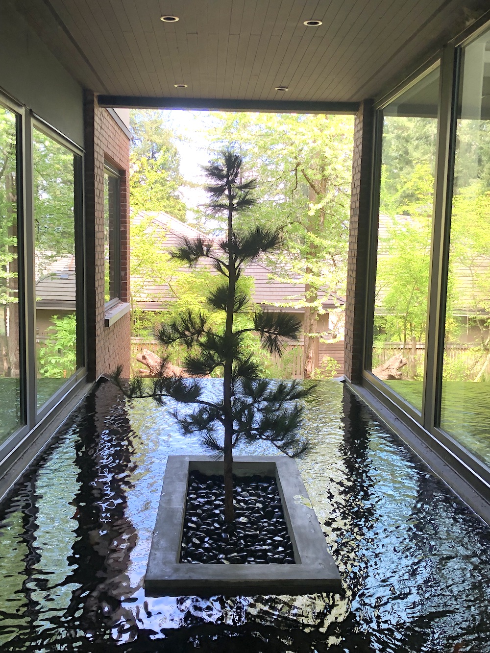 Artificial pine tree surrounded by a water pond
