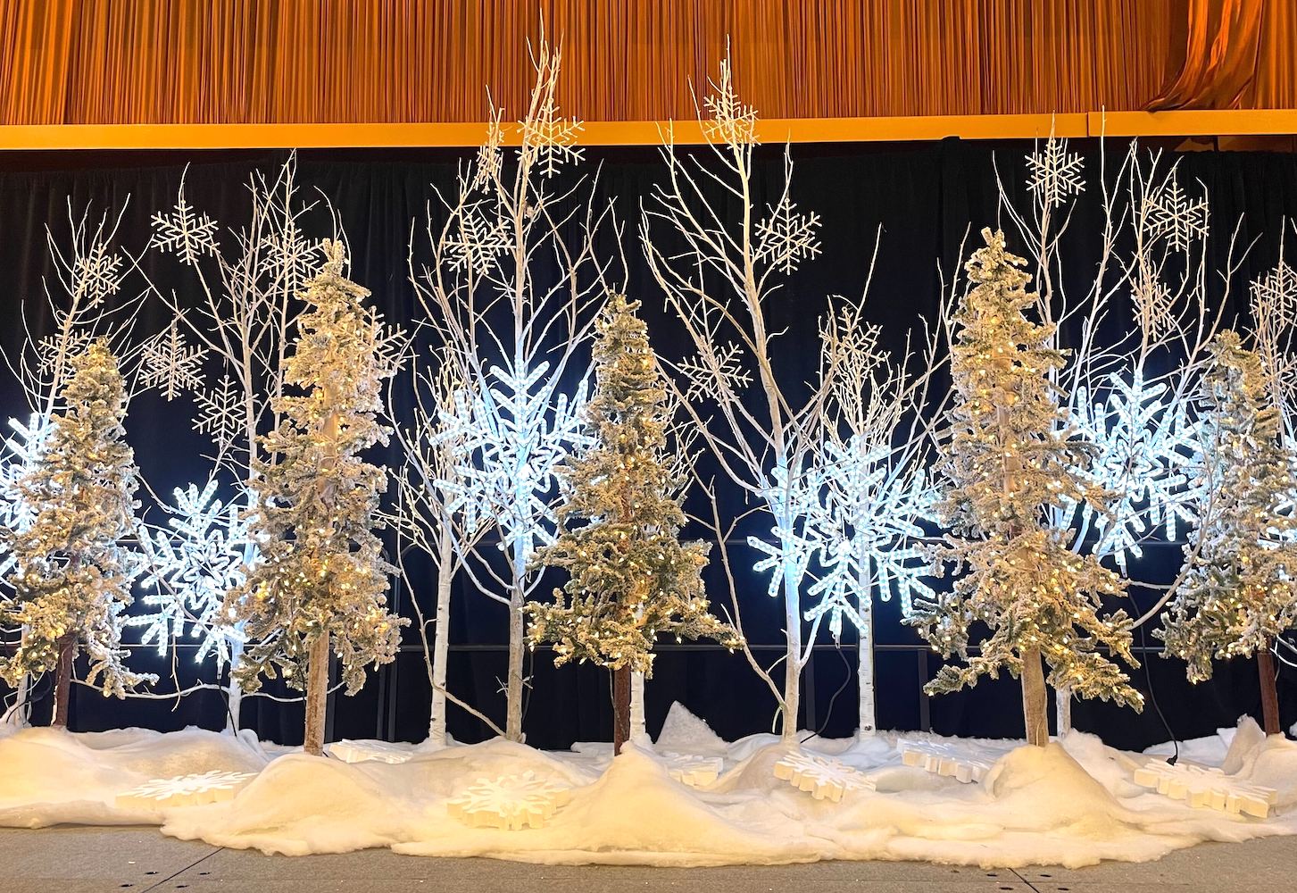 Winter Wonderland Flocked Alpines and White Branchy Trees Event Decor Rentals by Greenscape Design.