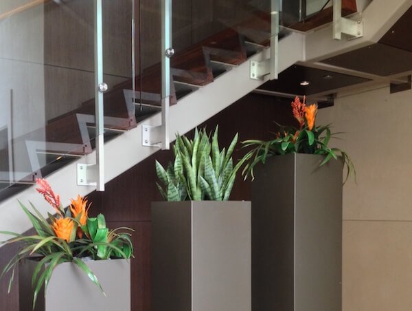 artificial plants in an office next to the staircase