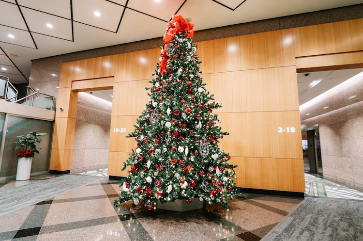 Beautifully decorated christmas tree in the front of an office building