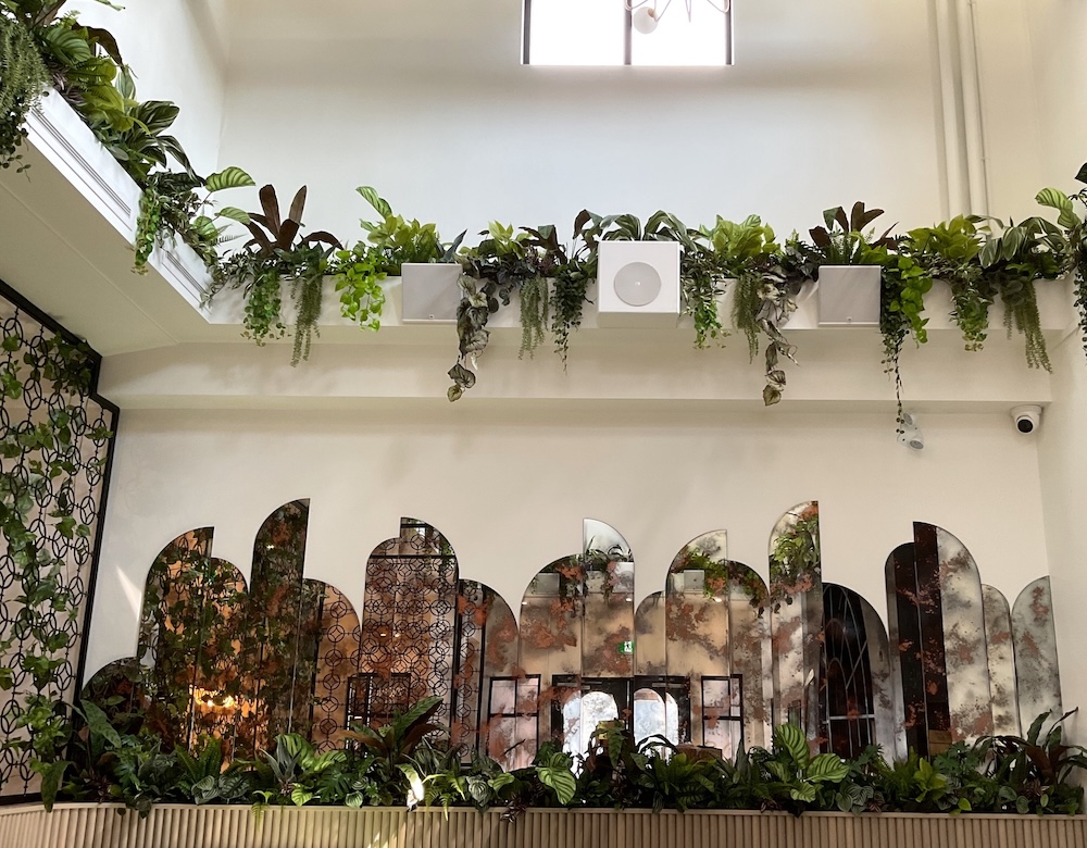 Artificial plants and greenery line overhead planter boxes and behind banquettes in a restaurant