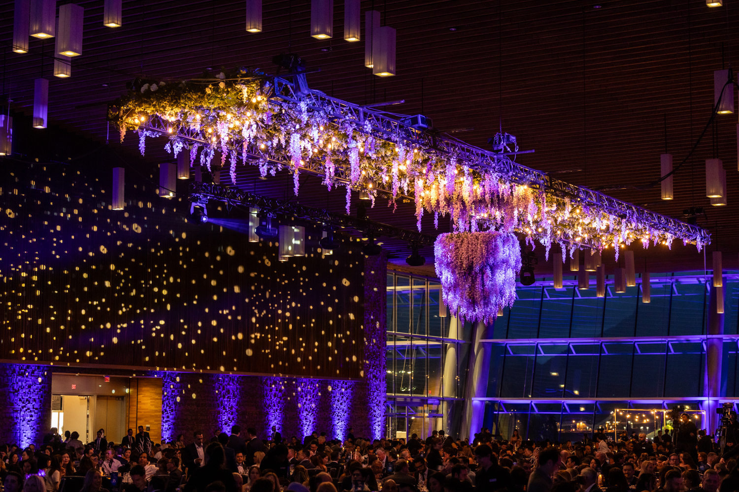 Custom artificial floral chandelier event design installation by Greenscape Design in Vancouver.