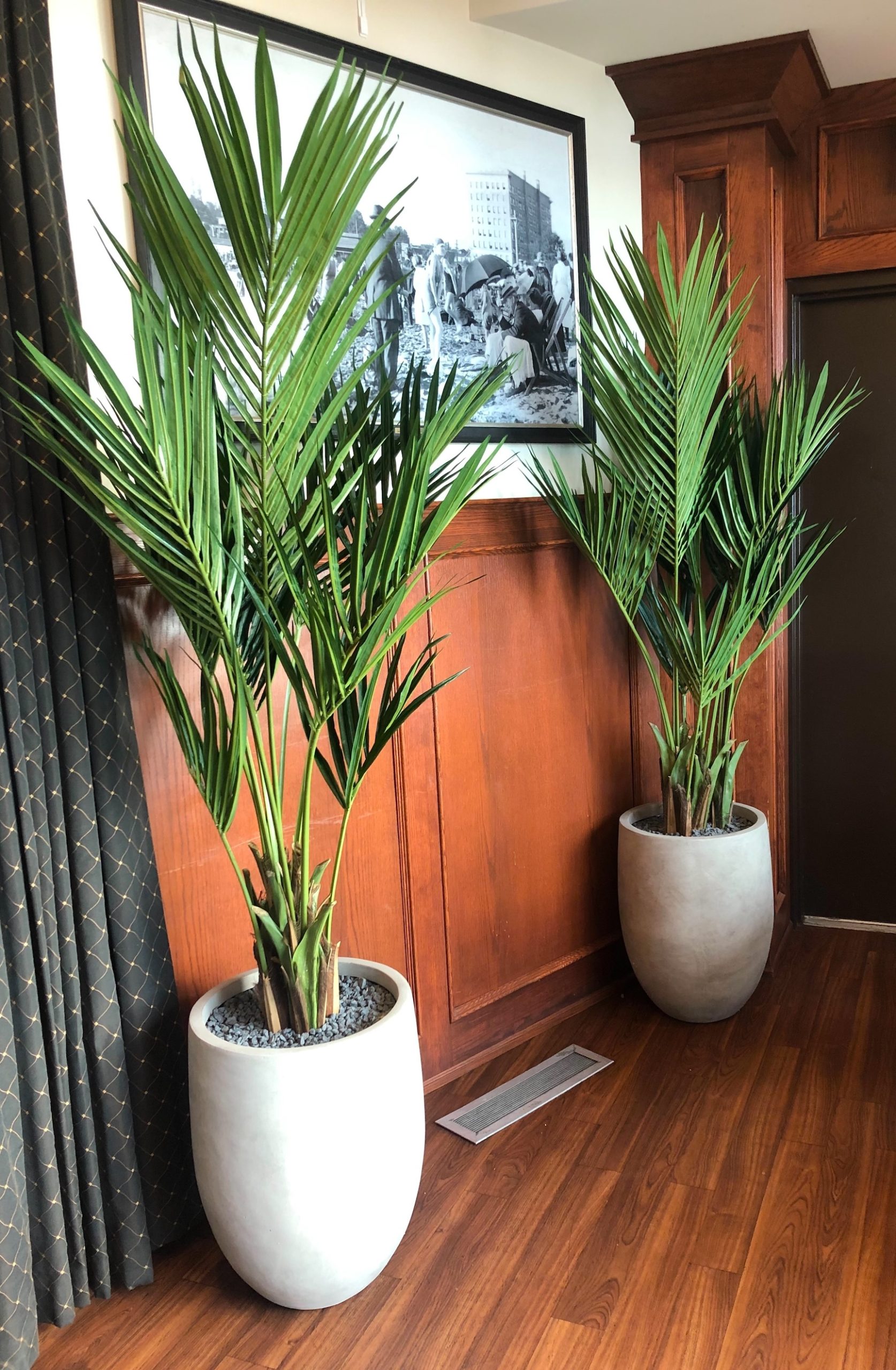 Artificial areca palm trees in modern stone planters, adding a lush, tropical touch to a wood-paneled interior.