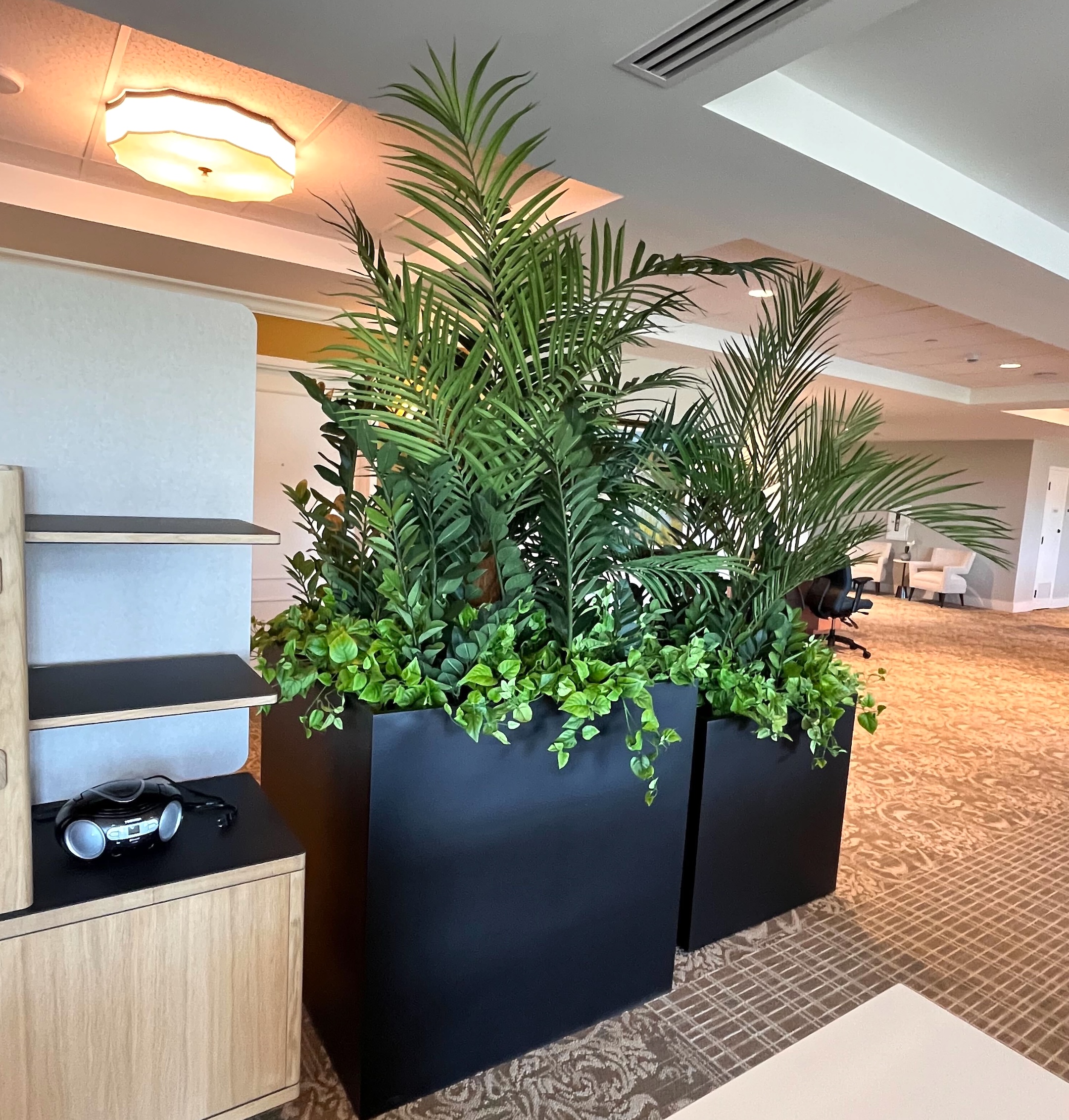 Artificial palm trees and cascading greenery in sleek black planters, creating a vibrant indoor display in a modern care center.