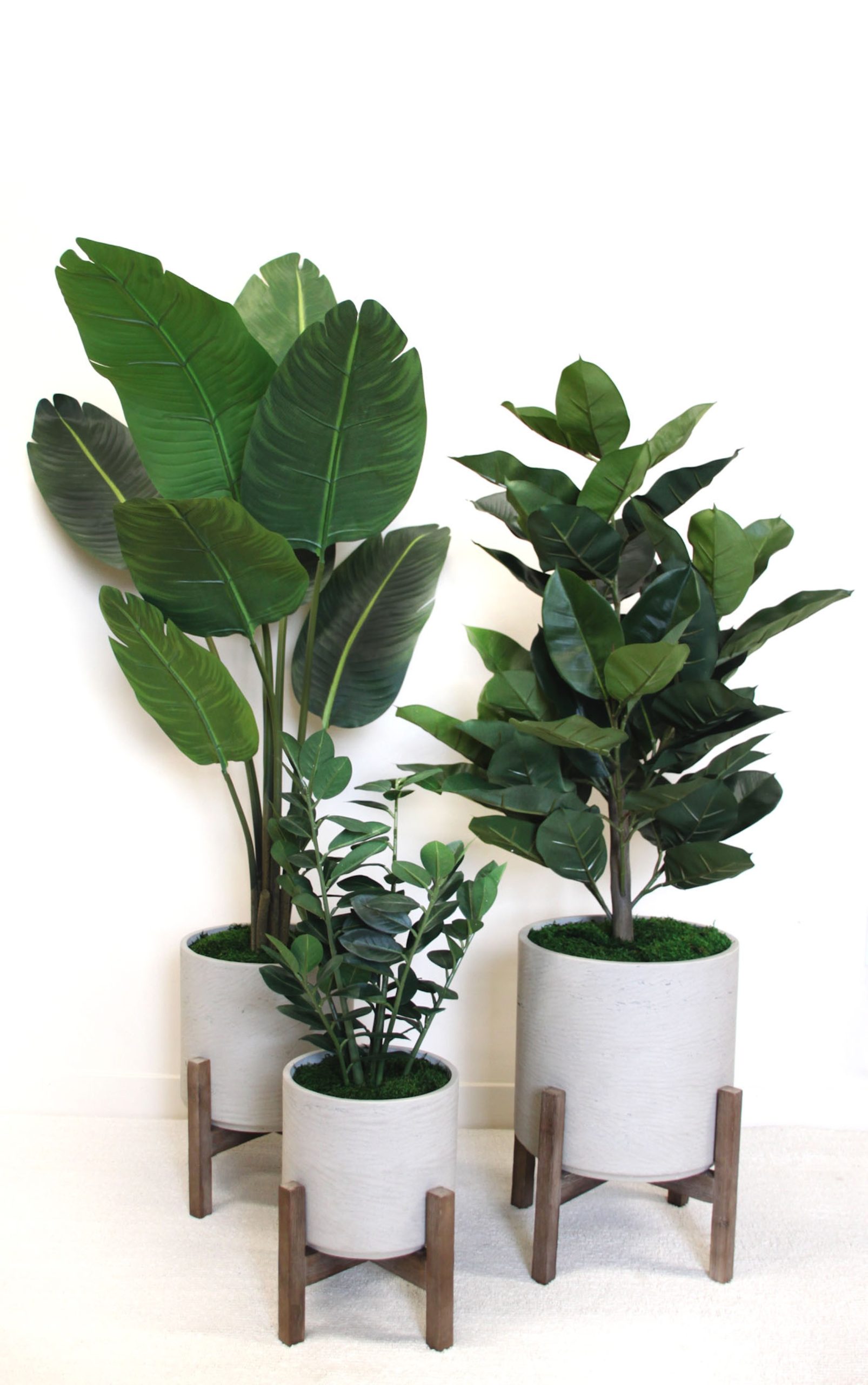 Artificial potted plants in modern concrete planters with wooden stands. Features faux banana, rubber, and ficus trees, adding greenery to contemporary interiors.