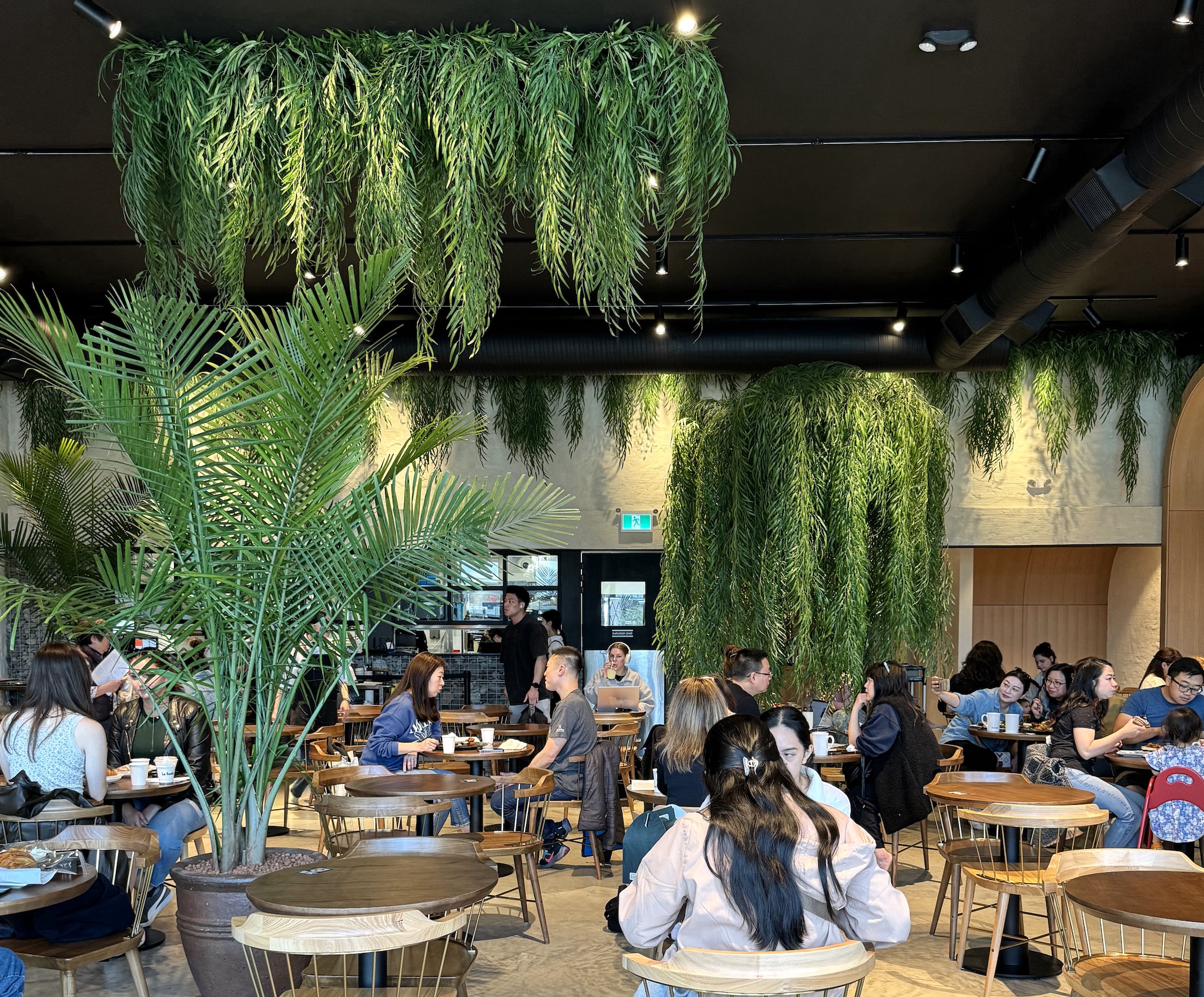 Artificial willow trees and palms create a lush, biophilic ambiance in a modern café. Cascading greenery adds warmth and natural texture to the inviting space.