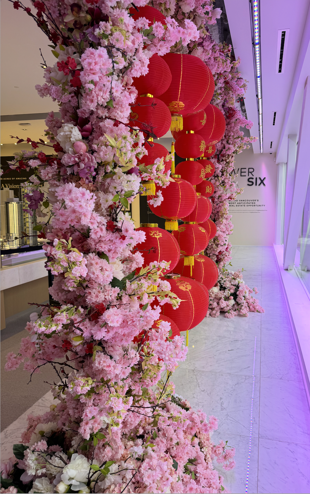 Lunar New Year display with lush cherry blossom arrangements and traditional red lanterns, creating a festive and captivating atmosphere in Vancouver.