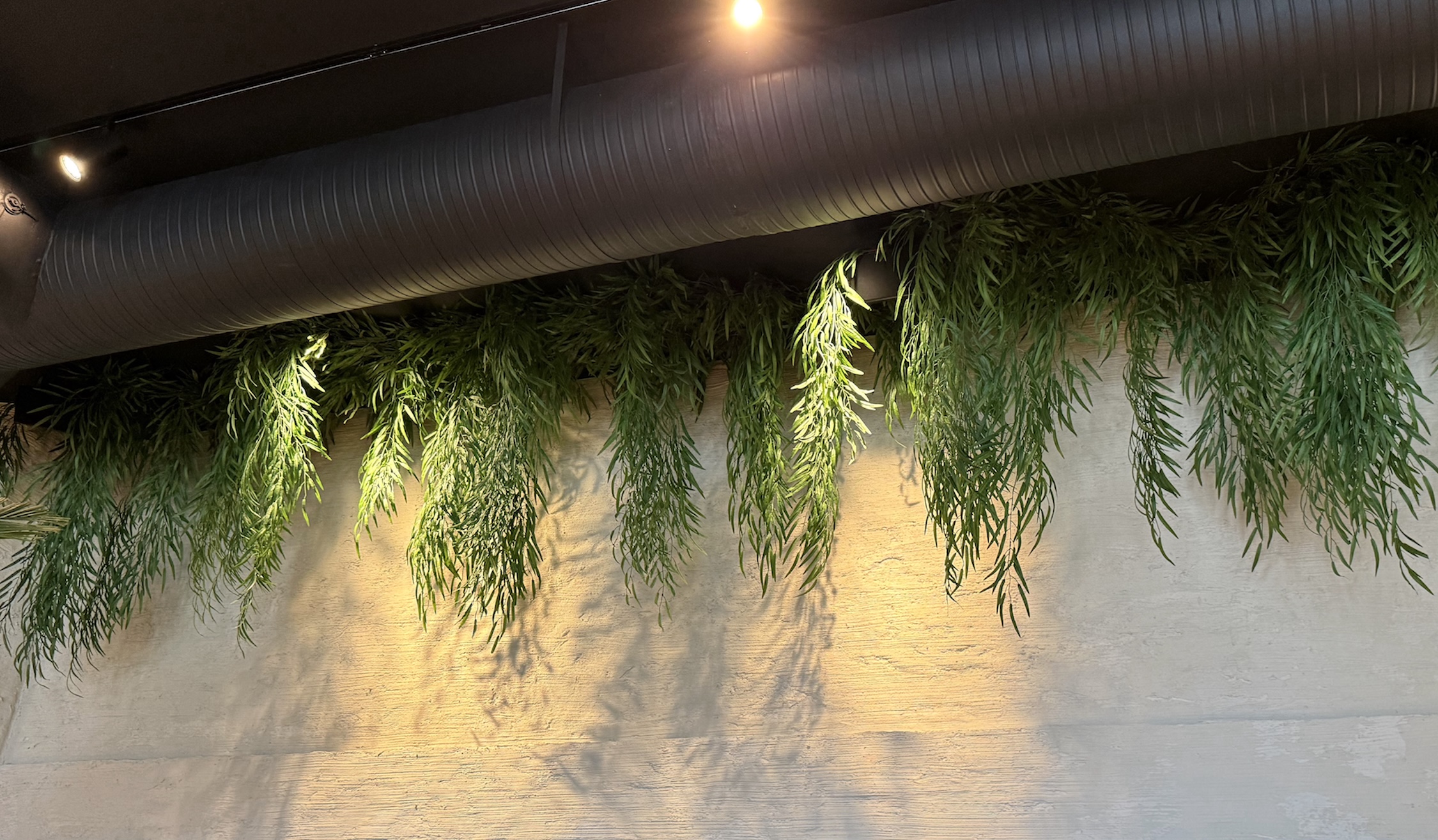 Overhead artificial trailing willow greenery installed along a ceiling edge. Adds a lush, cascading biophilic element to complement industrial-style interiors.