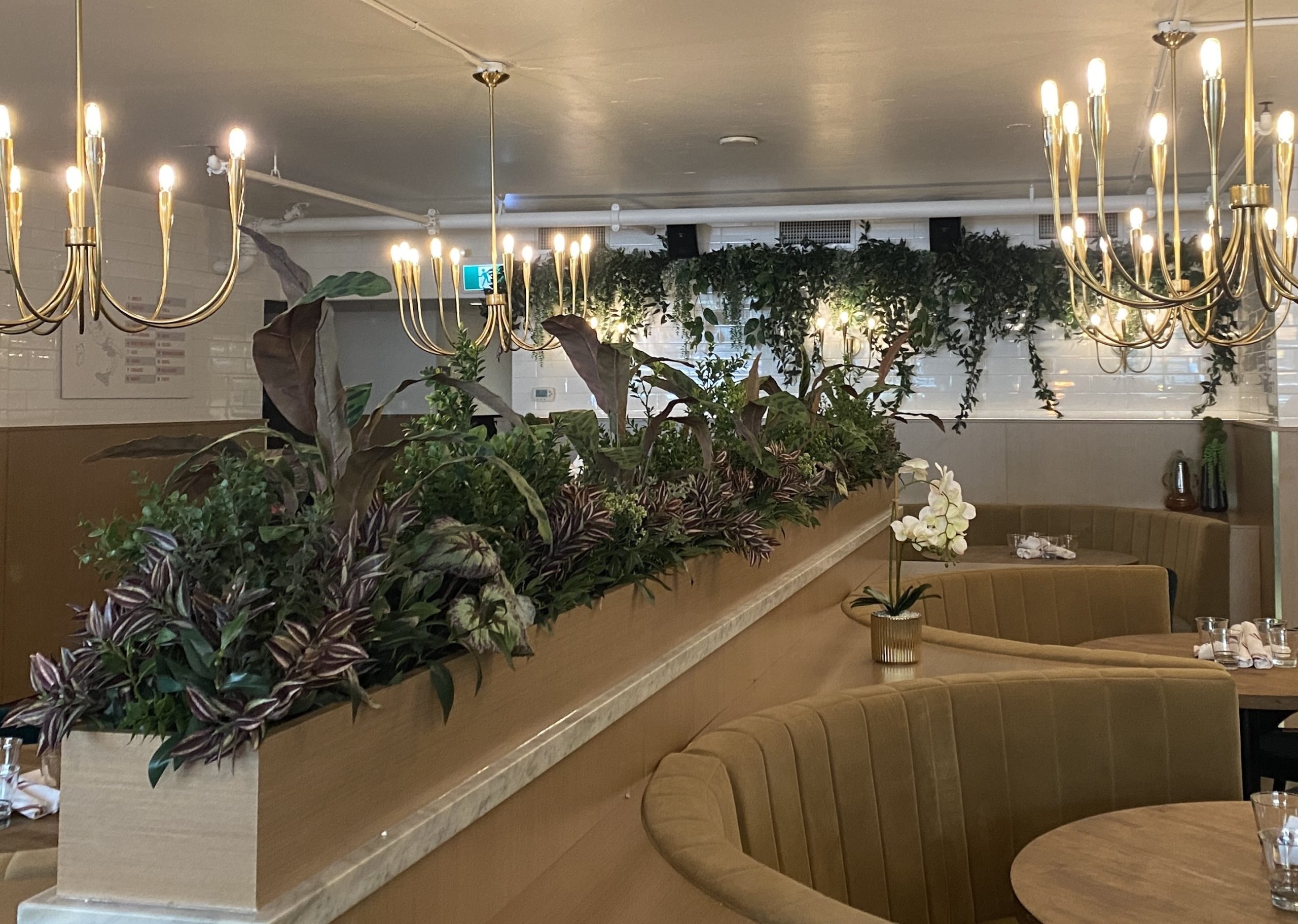 Elegant restaurant interior featuring lush faux greenery, including cascading vines and planter arrangements, enhancing the ambiance with biophilic design.