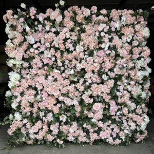 Rose blush floral wall with pink and white flowers and greenery by Greenscape Design.