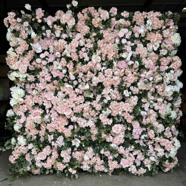 Rose blush floral wall with pink and white flowers and greenery by Greenscape Design.