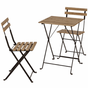 Natural wood bistro table set with two folding chairs, featuring black metal frames and slatted wooden tops.