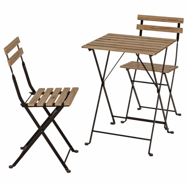 Natural wood bistro table set with two folding chairs, featuring black metal frames and slatted wooden tops.