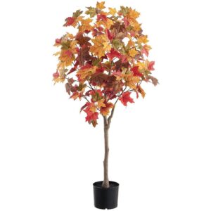 Faux fall maple tree with red, orange, and golden leaves in a black nursery pot for event rentals.