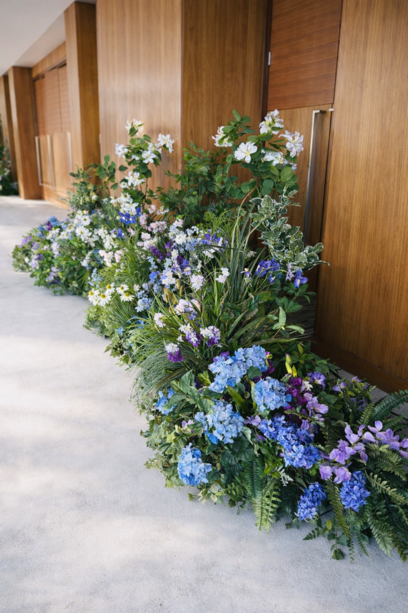 Floral Installation Wildflower Meadow Mothers Day Brunch Installation purple white blue florals