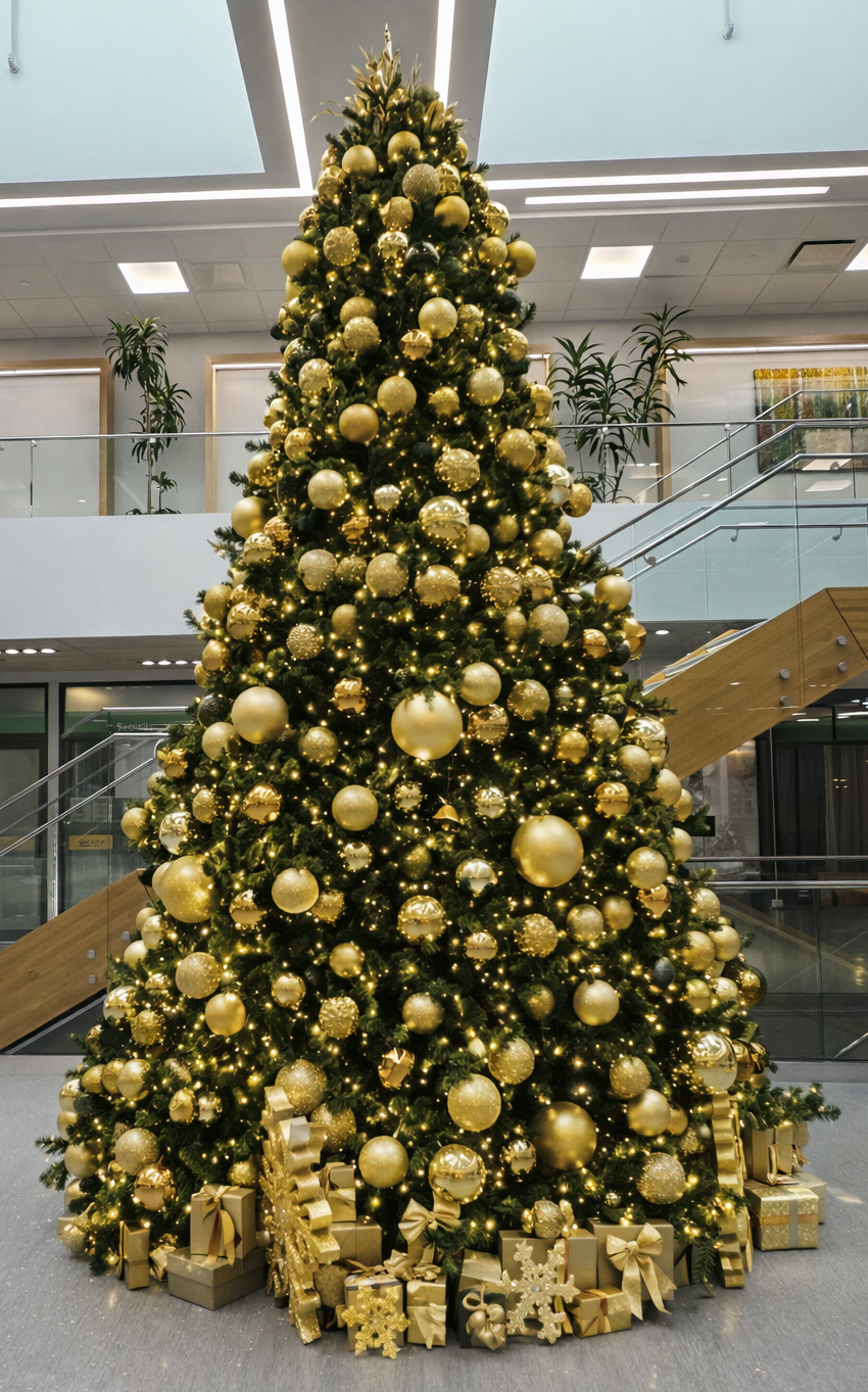 Oversized artificial Christmas tree decorated in gold ornaments and warm white lights with wrapped gift boxes, installed in a modern commercial tower lobby.