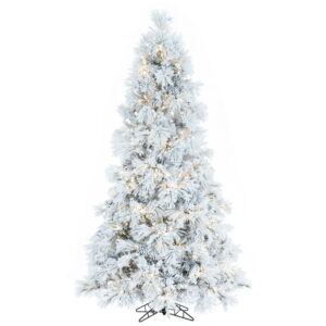 White flocked pine Christmas tree with snowy branches and warm white lights for winter event décor.