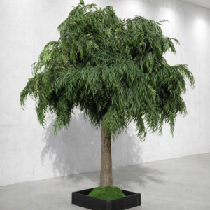 Faux willow canopy tree with cascading green foliage and natural trunk styled as a freestanding feature tree.