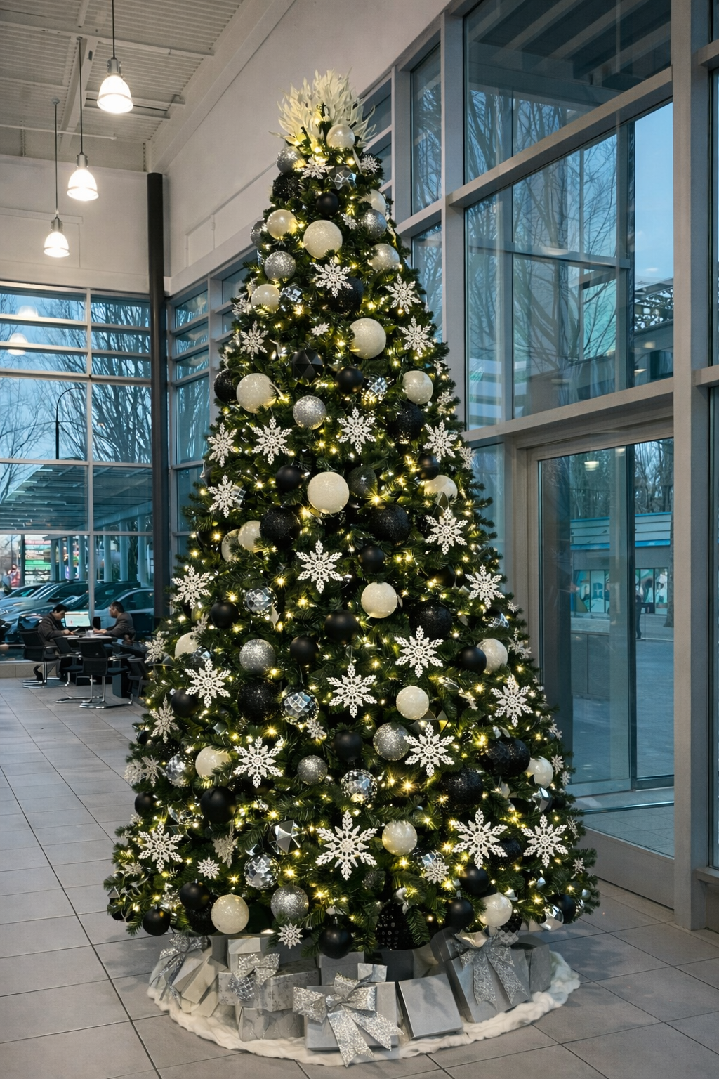 Black and white themed Christmas tree in retail showroom