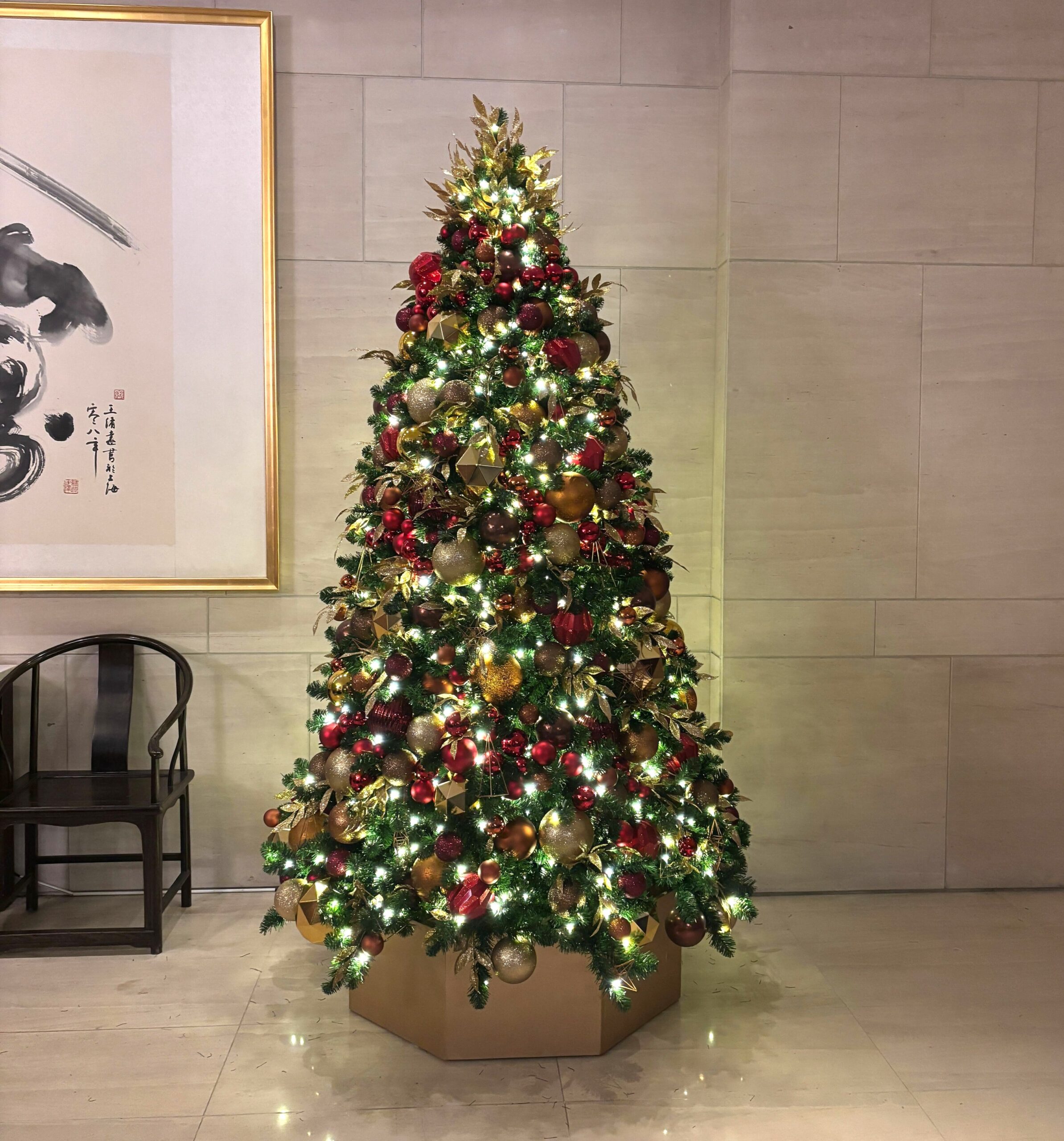 Decorated Christmas tree in a upscale hotel lobby