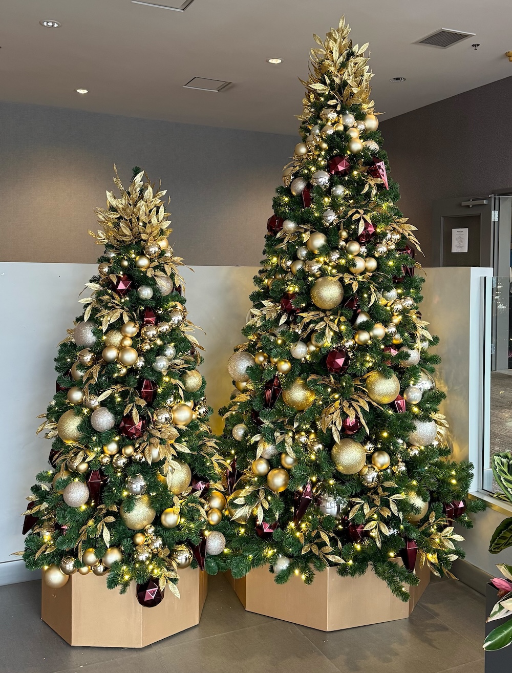 Two decorated Christmas trees in a Surrey office lobby