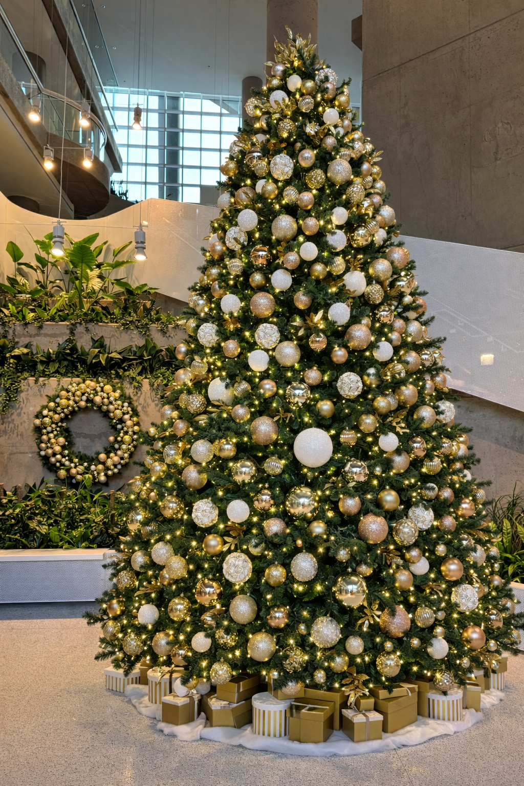 Elegant Christmas tree in modern atrium