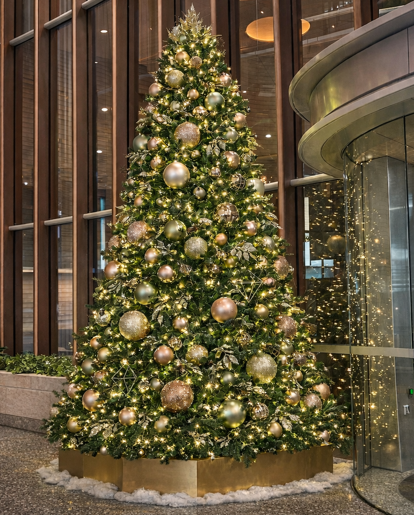 Rose gold and sage themed Christmas tree in office lobby