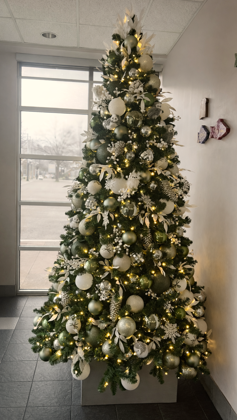 Sage, white and silver Christmas tree in a commercial lobby.