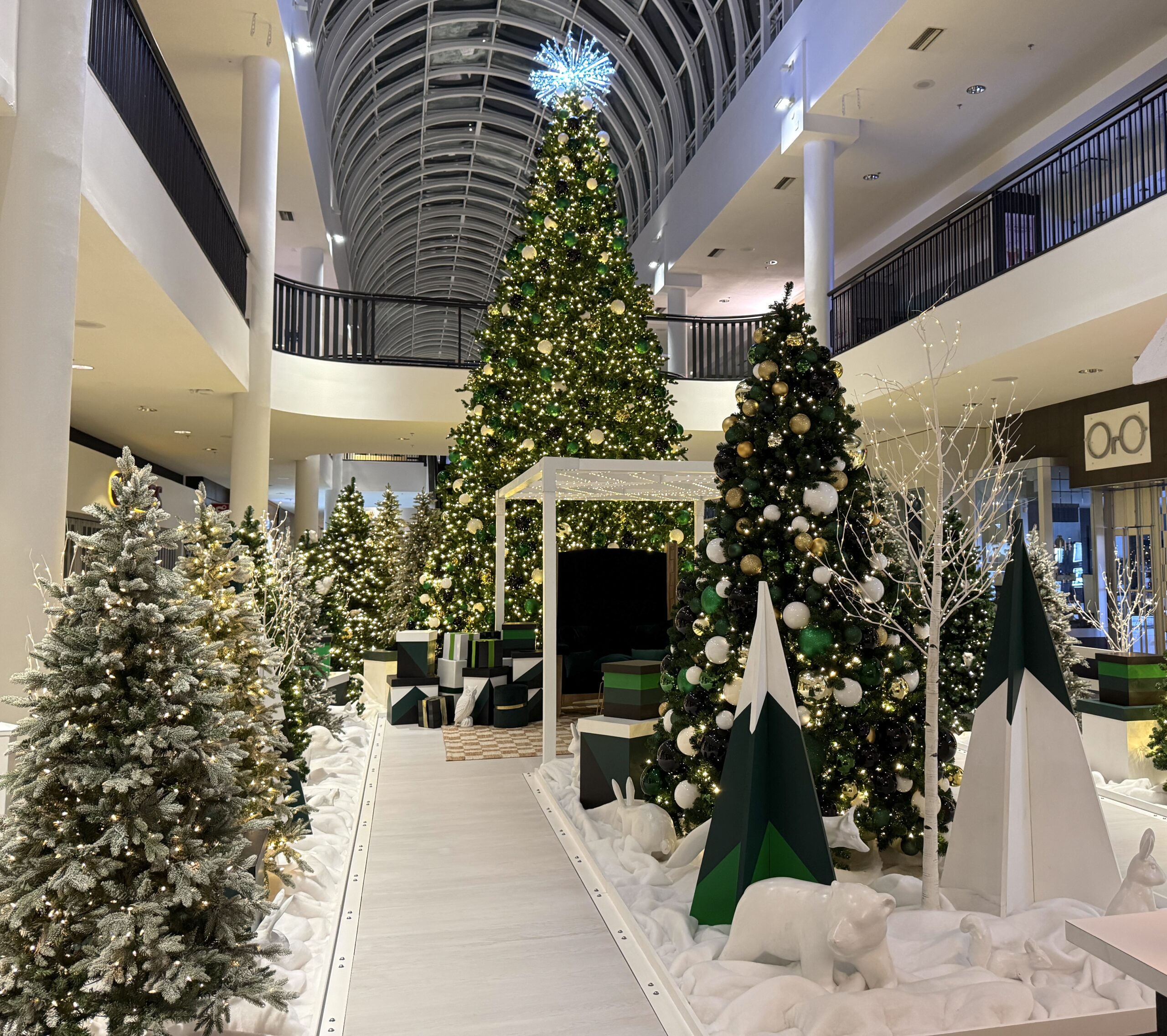 Santa set in shopping centre atrium with decorated trees and boardwalk