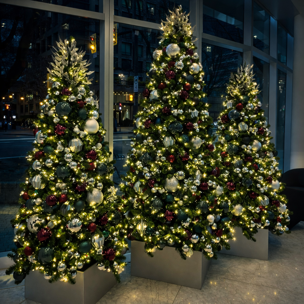 Teal and burgundy Christmas tree in office window display