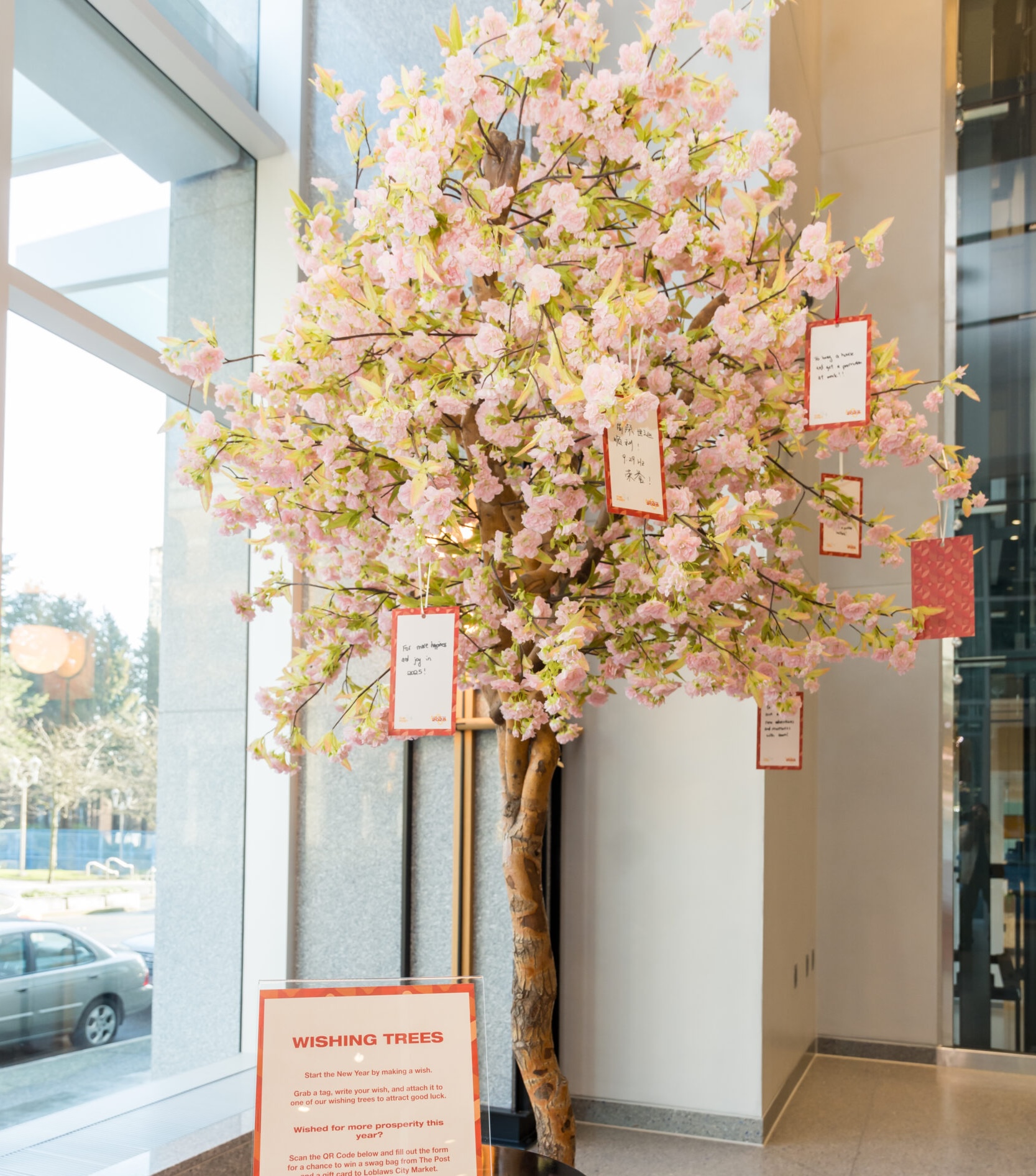 Cherry blossom wishing tree with hanging red envelopes for Lunar New Year