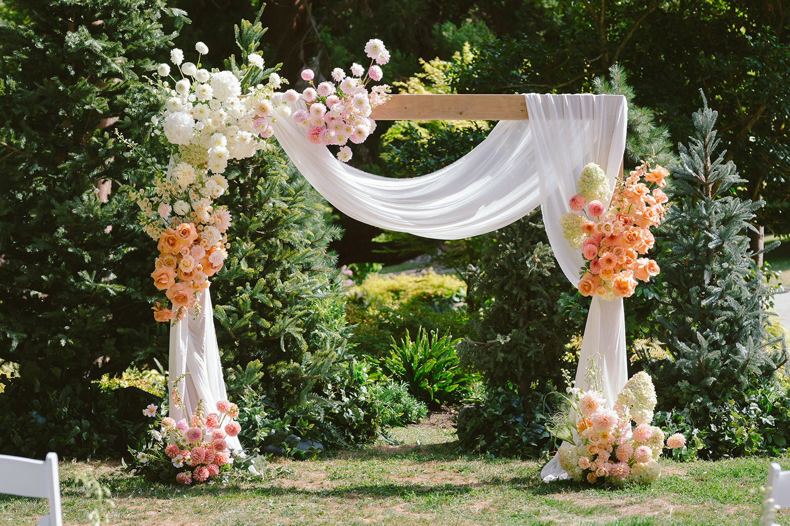 Outdoor wedding ceremony with evergreen tree backdrop