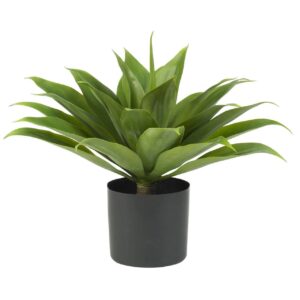 Artificial agave plant with layered green leaves in a black round pot on a white background.