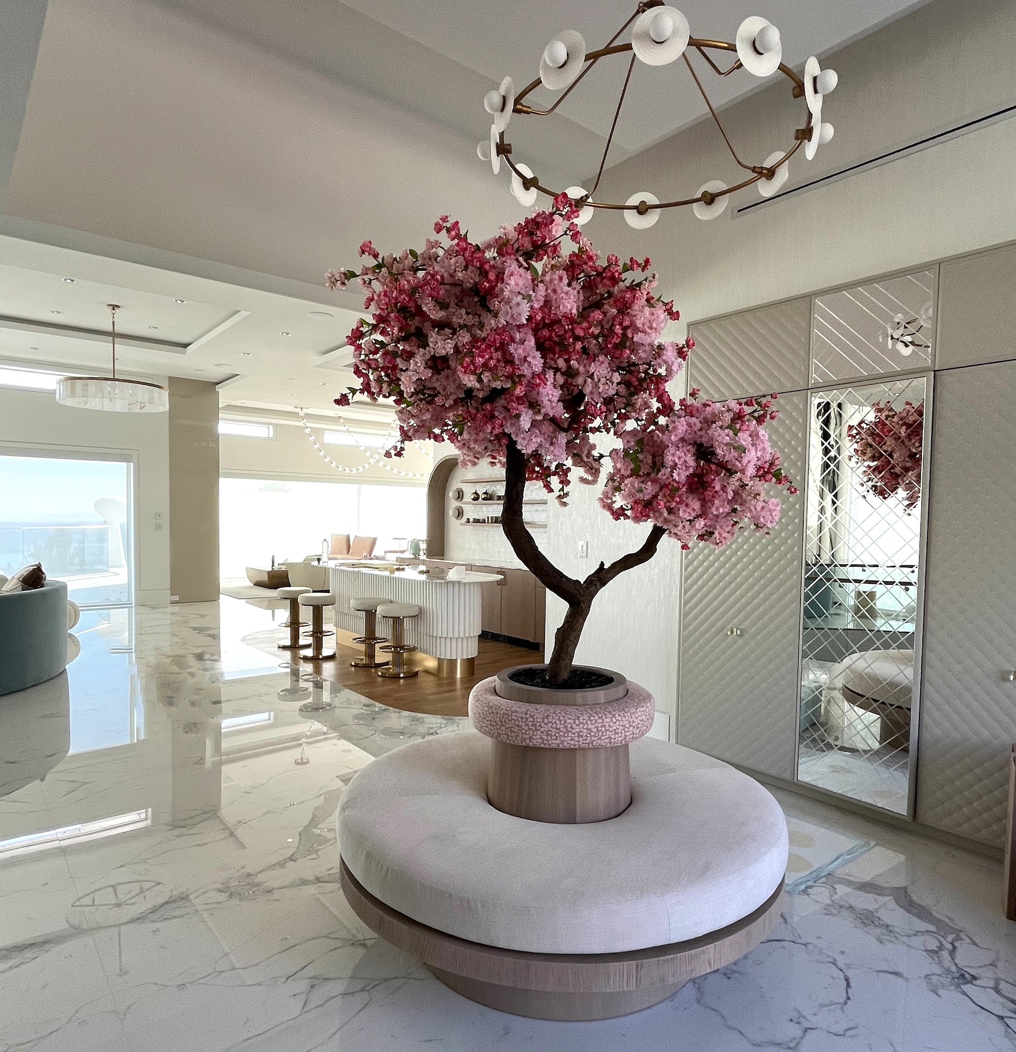 Artificial blossom tree placed in residential interior setting