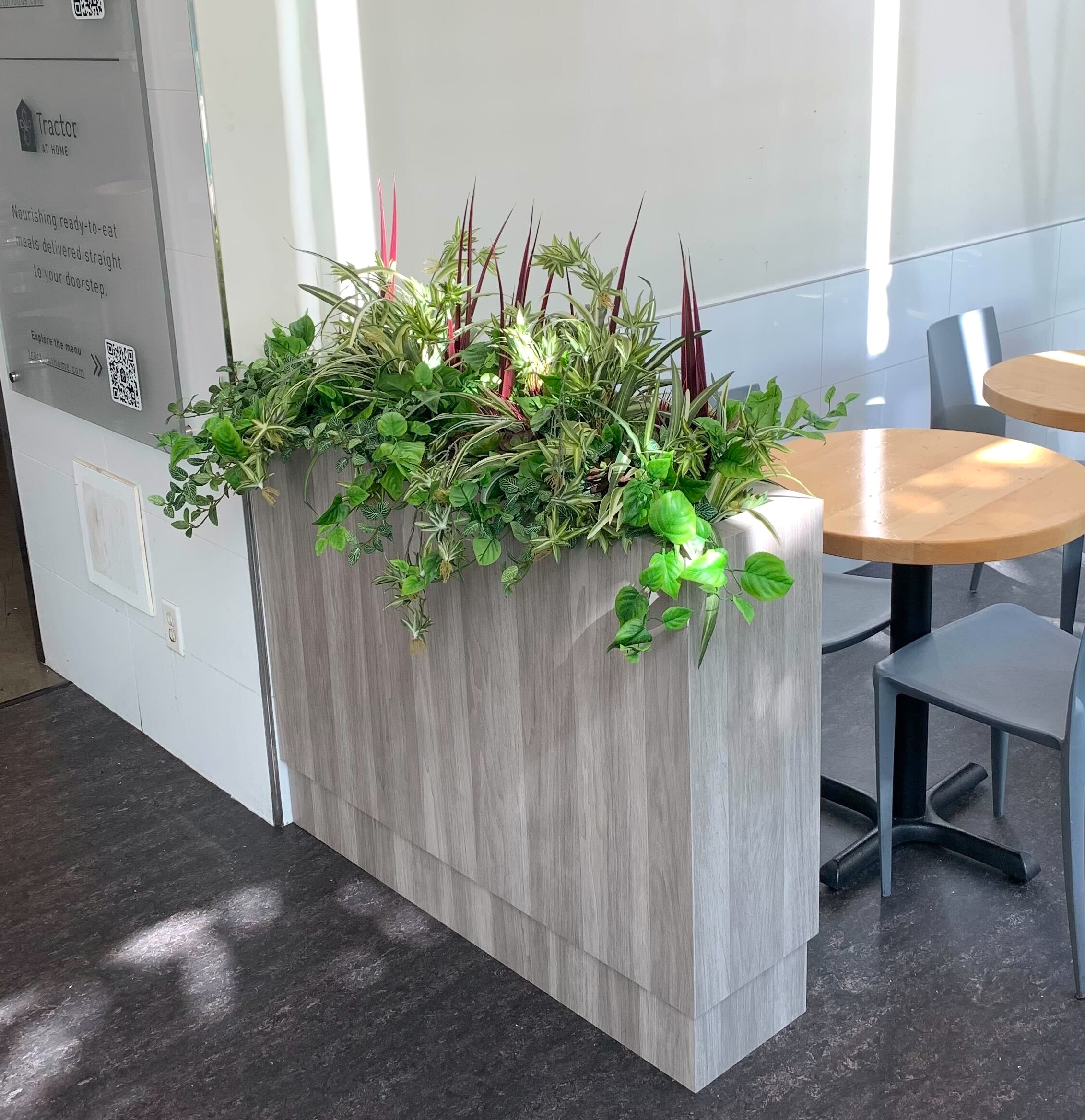 Wood-look rectangular planter filled with artificial trailing greenery, variegated foliage and burgundy spiky plants beside café tables and chairs.